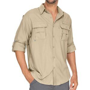 Mens Safari Shirts Long Sleeve UV Protection Hiking Fishing UPF 50+ Quick Dry